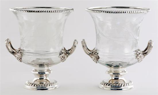 Appraisal: Pair etched glass and silverplate wine coolers flared basin decorated