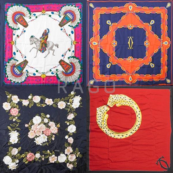 Appraisal: FOUR DESIGNER SILK SCARVES Condition Report