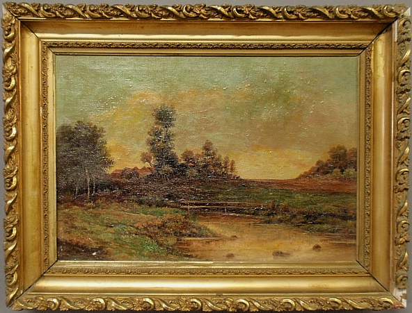 Appraisal: - Oil on canvas Continental sunset landscape painting late th