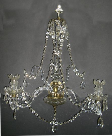 Appraisal: Fine Pair of Cut Glass and Brass Three-Light Candle Sconces