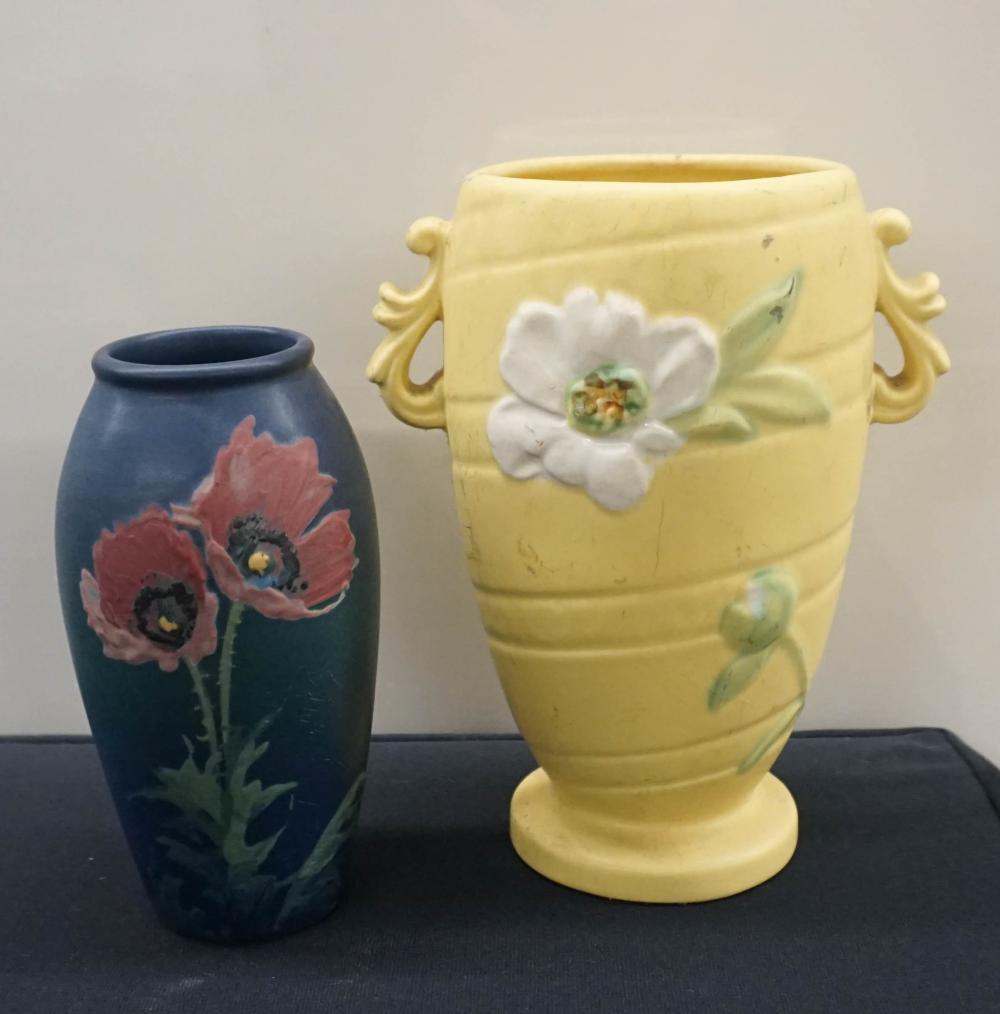 Appraisal: TWO WELLER FLORAL DECORATED POTTERY VASES ONE DRILLED H OF