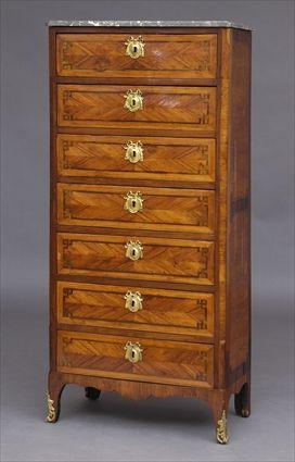 Appraisal: LOUIS XV-XVI TRANSITIONAL GILT-METAL MOUNTED TULIPWOOD SEMAINIERE The mottled grey