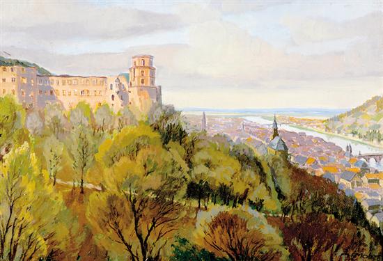 Appraisal: H Mohr Continental th century CITY ALONG THE DANUBE oil