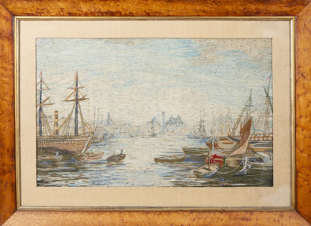 Appraisal: British Woolwork Active Harbor Scene th Century British Woolwork Active