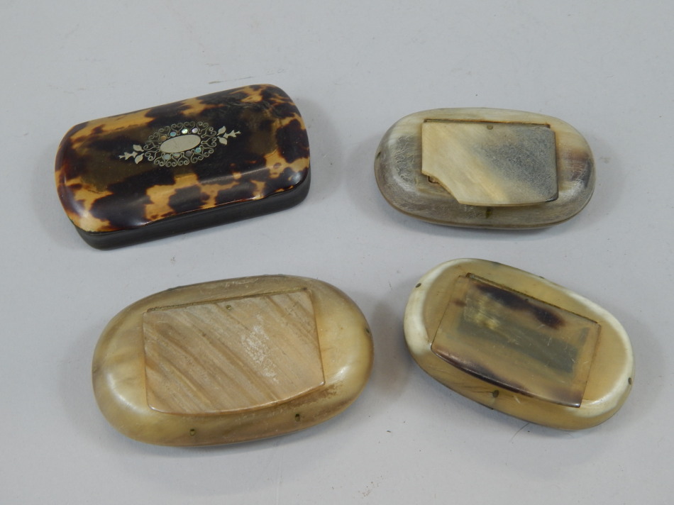 Appraisal: Four thC horn snuff boxes to include an example veneered