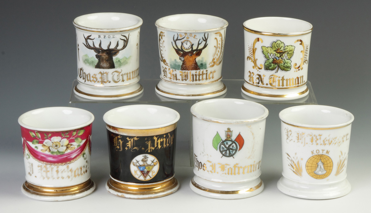 Appraisal: Seven Vintage Fraternity Lodge Occupational Shaving Mugs L to R