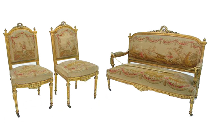 Appraisal: THREE-PIECE NAPOLEON III GILTWOOD AND AUBUSSON TAPESTRY SALON SET Louis