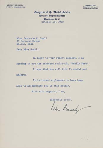 Appraisal: KENNEDY JOHN F Typed Letter Signed as Congressman to Gertrude