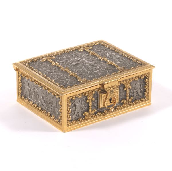 Appraisal: MIXED METALS SILVER-GILT JEWELRY CASKET HUMIDOR BOX BY ERHARD S