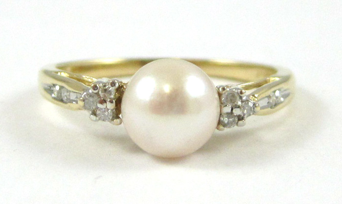 Appraisal: PEARL DIAMOND AND FOURTEEN KARAT GOLD RING with five round-cut