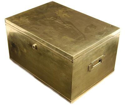 Appraisal: A th century brass strong box the hinged cover inscribed