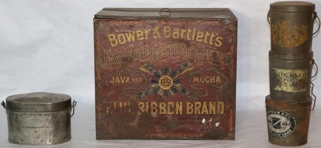 Appraisal: ANTIQUE BOWER BARTLETT S BLUE RIBBON BRANDLITHOGRAPHED TIN COFFEE BIN