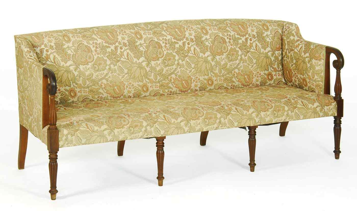 Appraisal: ANTIQUE AMERICAN SHERATON SOFACirca With scrolled arms and reeded supports