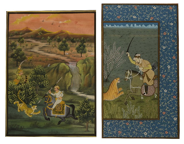 Appraisal: INDIAN SCHOOLMiniature showing a Mughal tiger hunt in extensive landscape