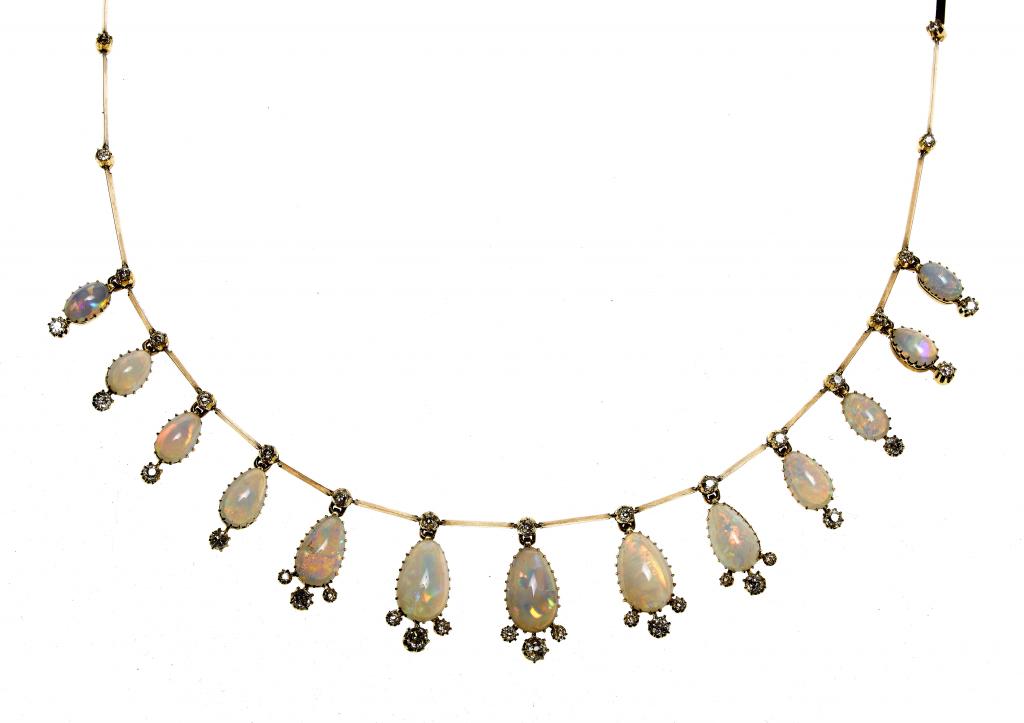 Appraisal: AN ANTIQUE OPAL AND DIAMOND NECKLACE as a fringe of