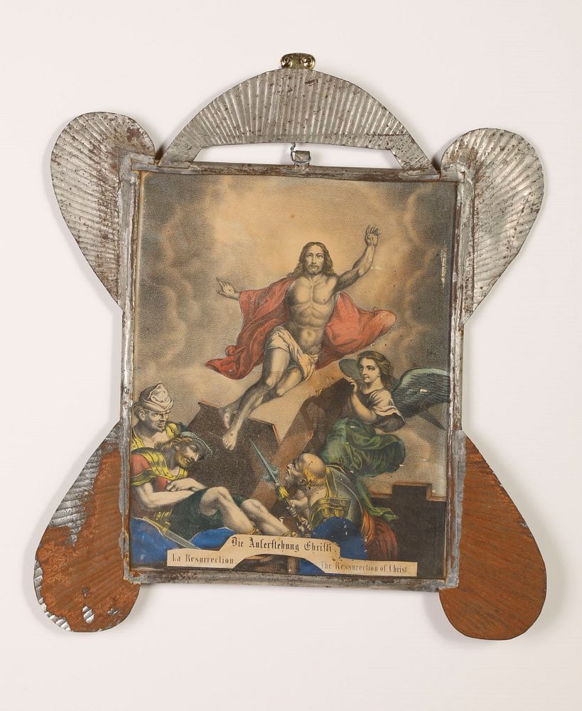 Appraisal: Two Tin Frames with Devotional Prints Attributed to Fan Lunette