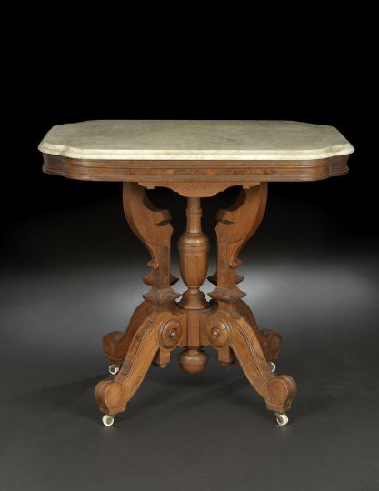 Appraisal: American Renaissance Revival Incised Burled Walnut Walnut and Marble-Top Center