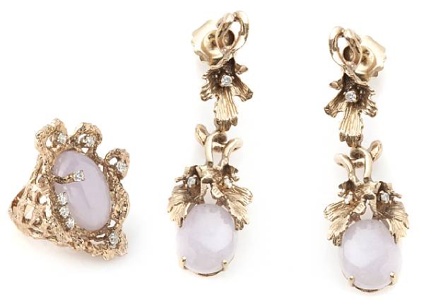 Appraisal: A collection of lavender jade diamond and k gold featuring