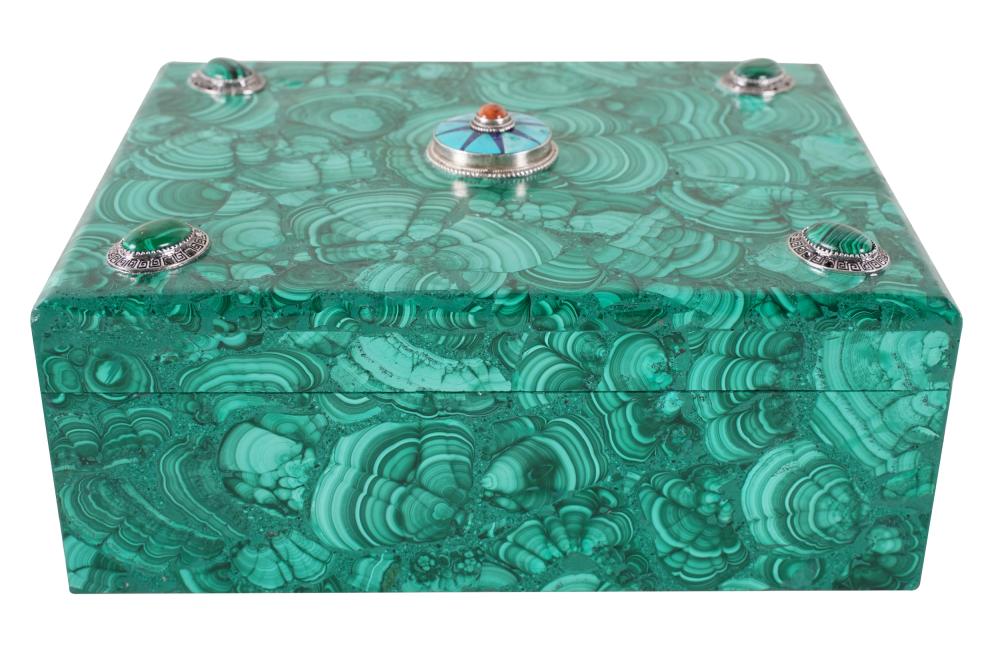 Appraisal: MALACHITE BOXlate th century with stone-inset hinged lid Condition interior