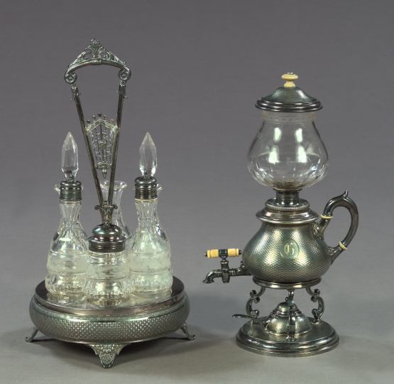 Appraisal: Unusual Three-Piece Art Krupp Bergdorf Engine-Turned Silverplate and Cut Glass