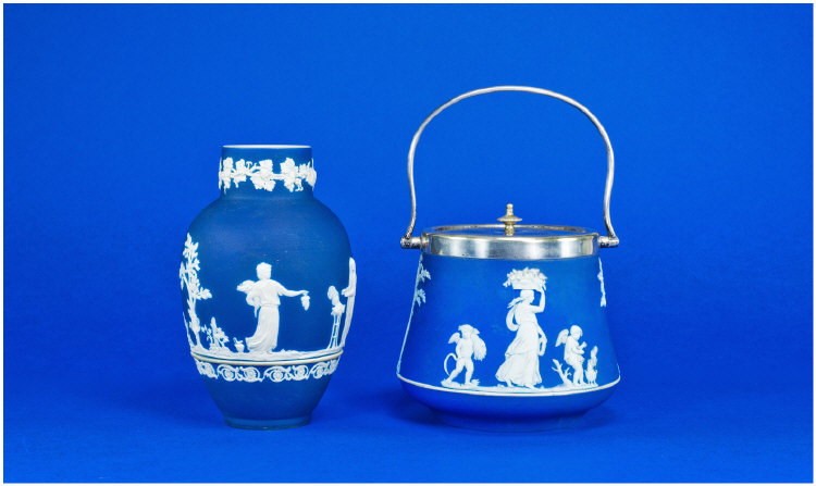 Appraisal: Wedgewood B W Biscuit Barrel Showing classical scenes Plus Adams