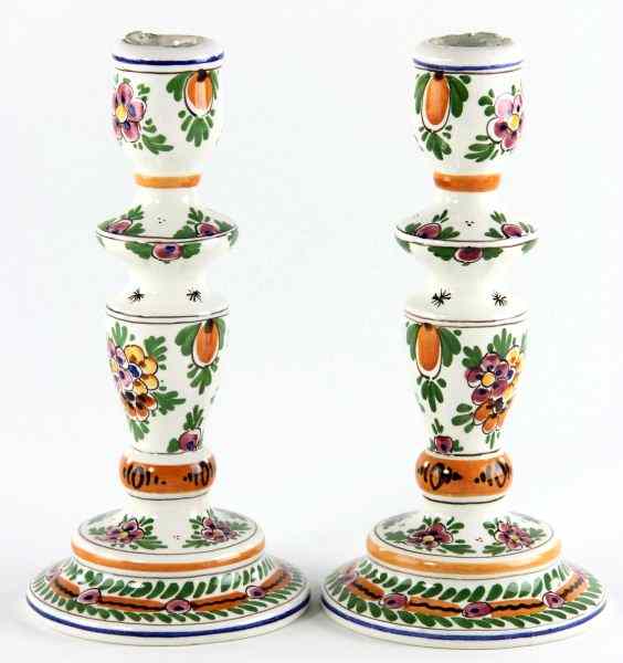 Appraisal: Pair of Delftware Candlestickseach signed on the underside and hand-painted