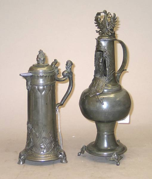 Appraisal: Two Continental pewter flagons second half th century The first