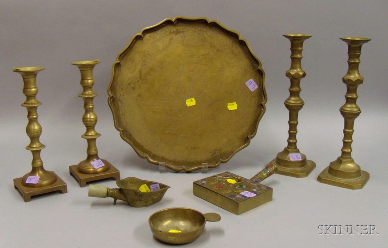 Appraisal: Two Pairs of Brass Candlesticks a Chinese Brass Tray Small