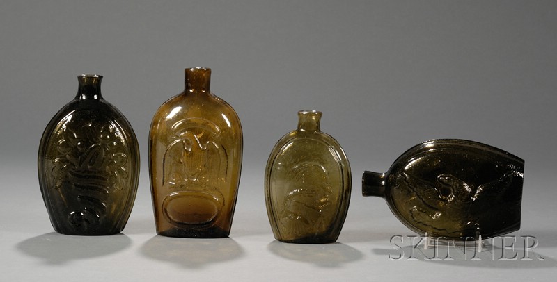 Appraisal: Four Historical Blown Glass Flasks America early th century three