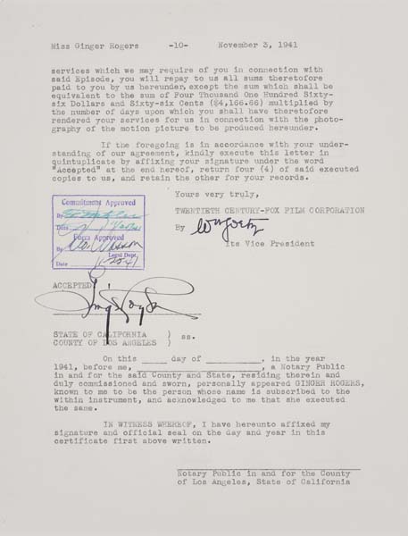 Appraisal: GINGER ROGERS Contract signed by Rogers for her role in