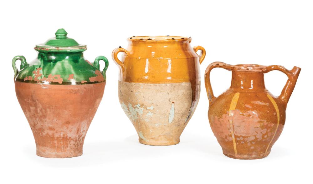 Appraisal: Three French Glazed Terracotta Pottery Vessels incl mustard yellow glazed