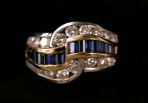 Appraisal: Platinum Ring with Sapphires Diamonds Heavy platinum ring is set