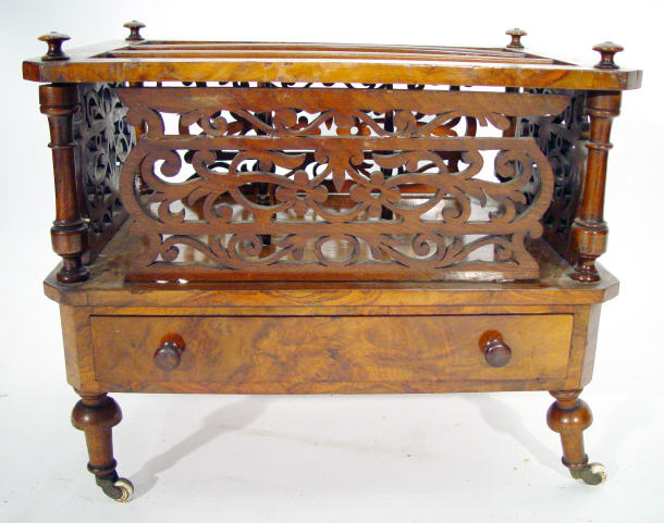 Appraisal: th Century burr walnut three section Canterbury with floral inlay