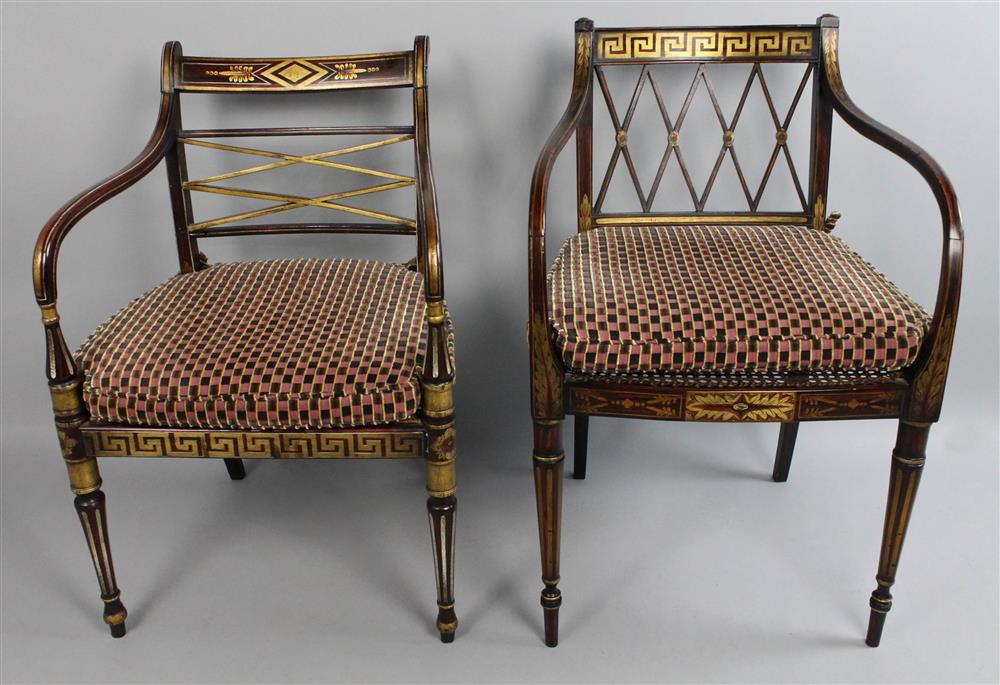 Appraisal: TWO SIMILAR REGENCY STYLE FAUX ROSEWOOD OPEN ARM CHAIRS having