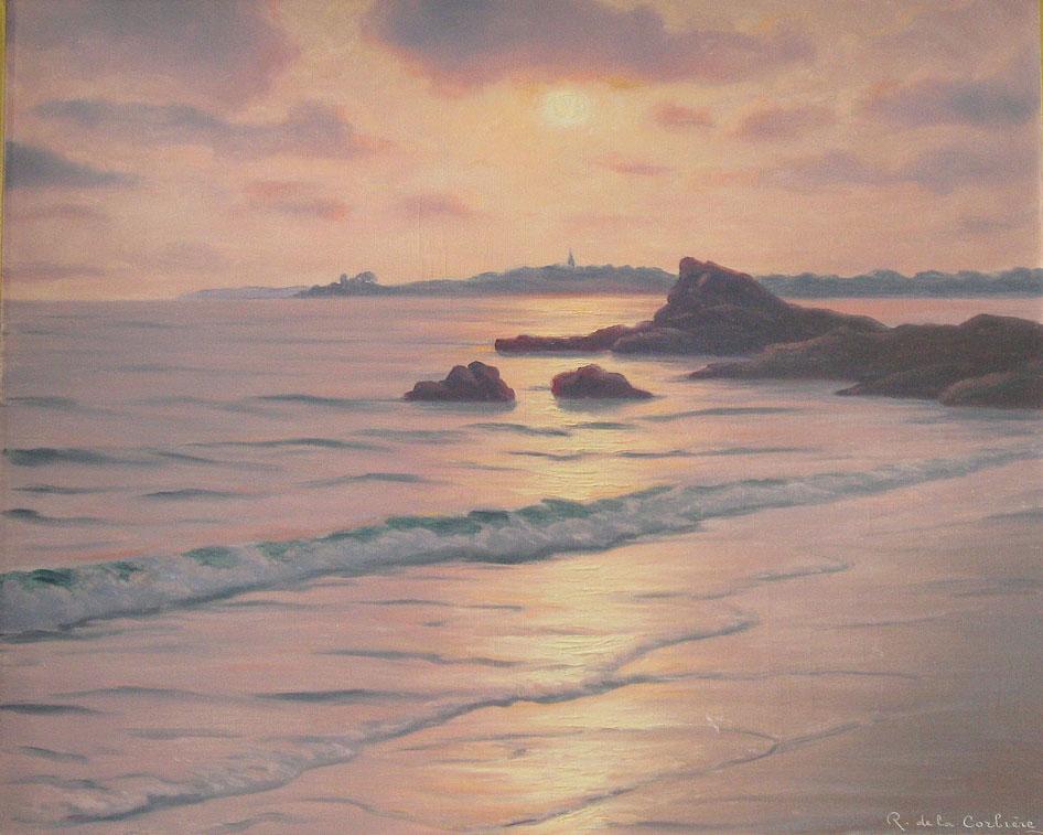 Appraisal: R DE LA CORBIERE A coastal landscape at sunset signed