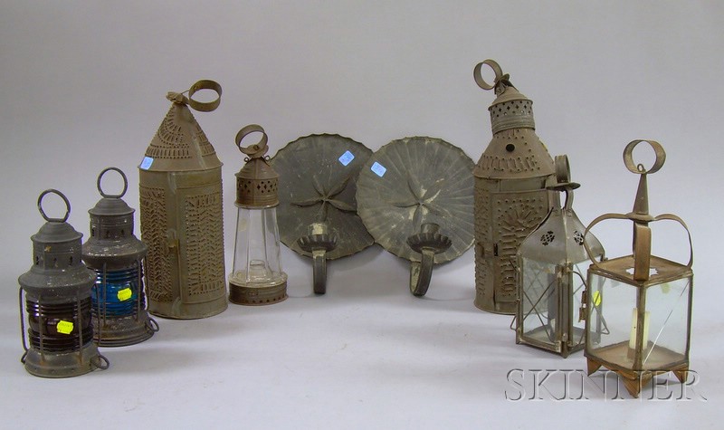 Appraisal: Nine Assorted Early Lighting Devices a pair of black-painted tin