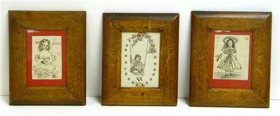 Appraisal: Three pen and ink drawings of children framed under glass