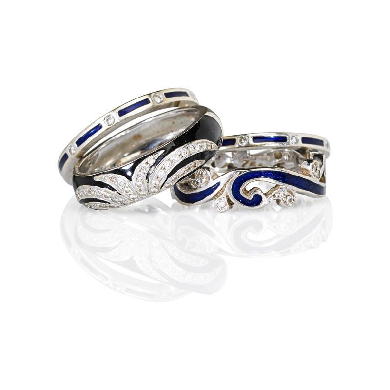 Appraisal: FOUR RECENT K WHITE GOLD DIAMOND ENAMEL RINGS Condition Report