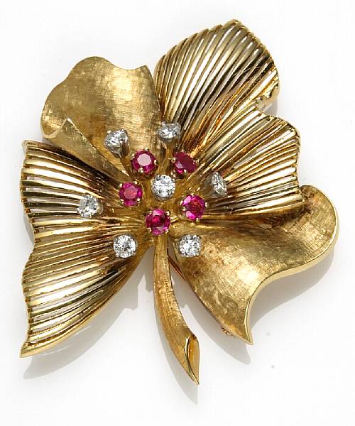 Appraisal: A retro diamond ruby and k gold leaf brooch