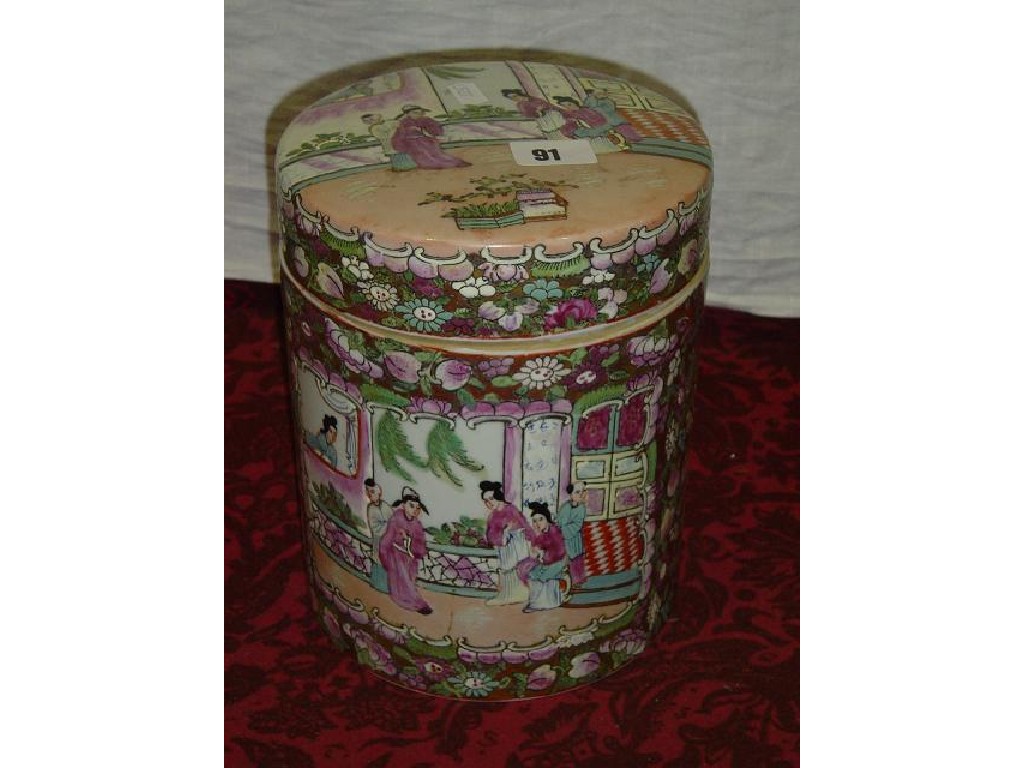 Appraisal: An oriental cylindrical box and cover with painted Cantonese type