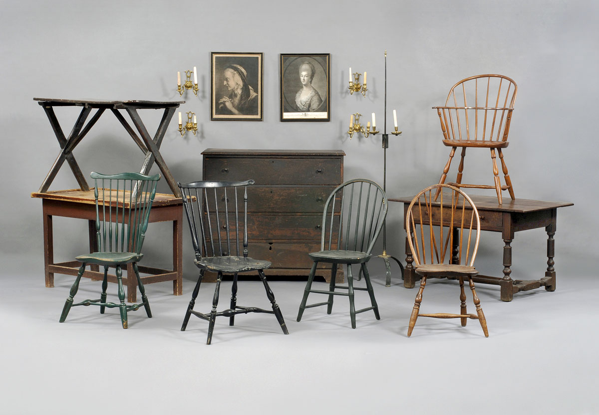 Appraisal: GROUP OF NEW ENGLAND WINDSOR CHAIRS INCLUDING A SACK-BACK IN