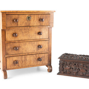 Appraisal: A Miniature Classical Chest of Drawers and Carved Box th