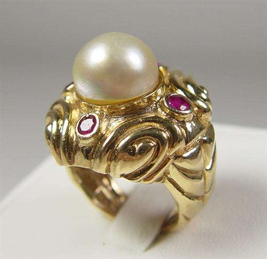 Appraisal: Ladies Mobe Pearl Ruby Ring k yellow gold grams Four