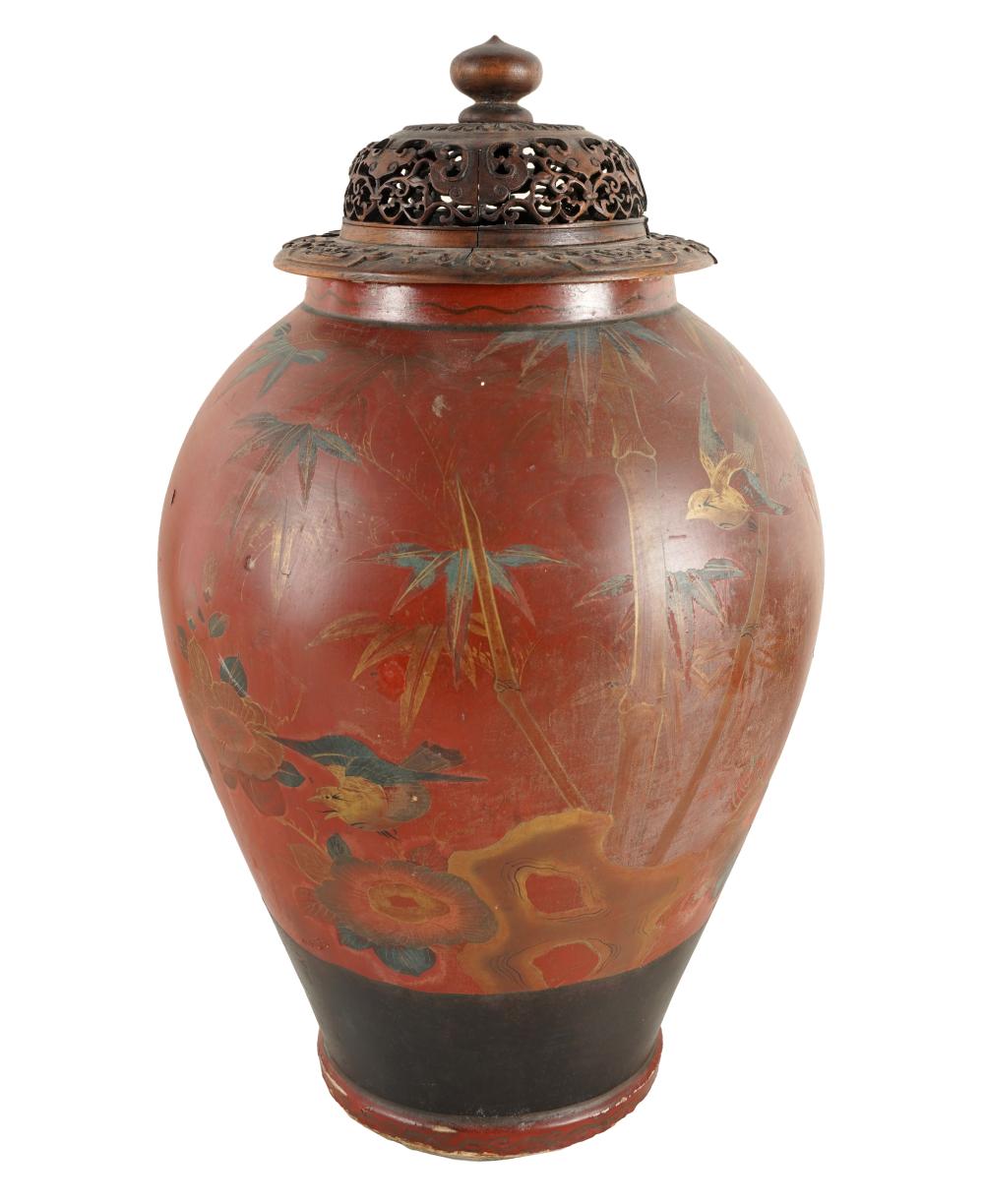 Appraisal: COVERED CHINESE VASEwith painted underside Condition with loss to paint