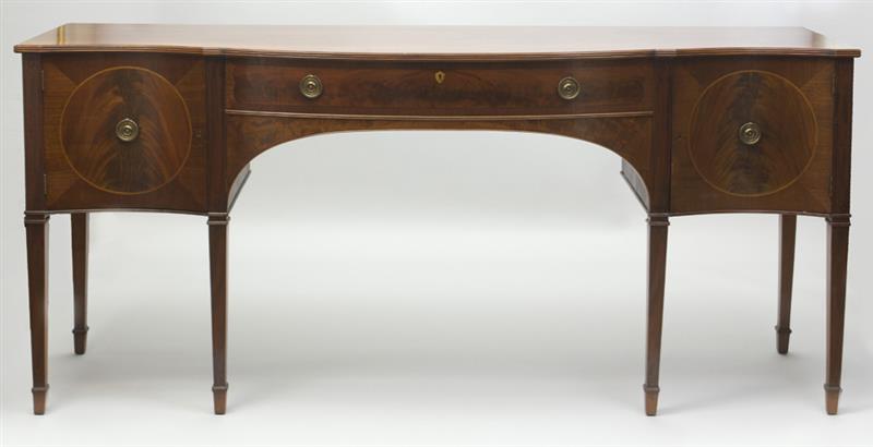 Appraisal: George III Style Inlaid Mahogany Serpentine-Fronted Sideboard in x ft