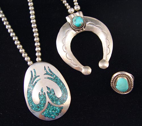 Appraisal: PIECE NATIVE AMERICAN SILVER AND TURQUOISE JEWELRY Crescent shaped pendant