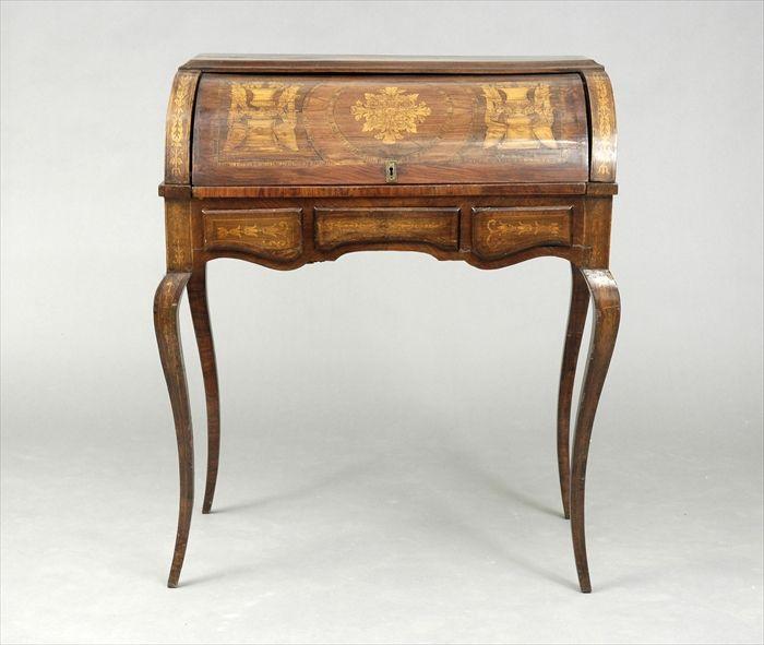 Appraisal: Dutch Rococo-Style Rosewood and Marquetry Bureau Cylindre x x in