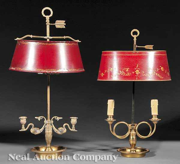 Appraisal: Two French Two-Light Bouillotte Lamps both with red t le