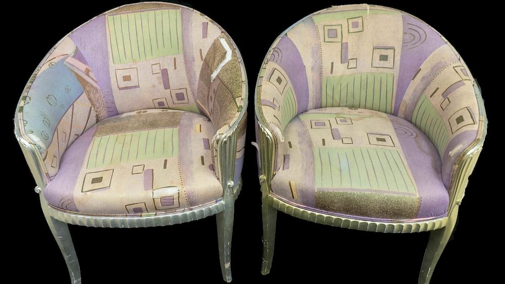 Appraisal: Pair Silver French Barrell Armchairs Pair Silver French Barrell Armchairs