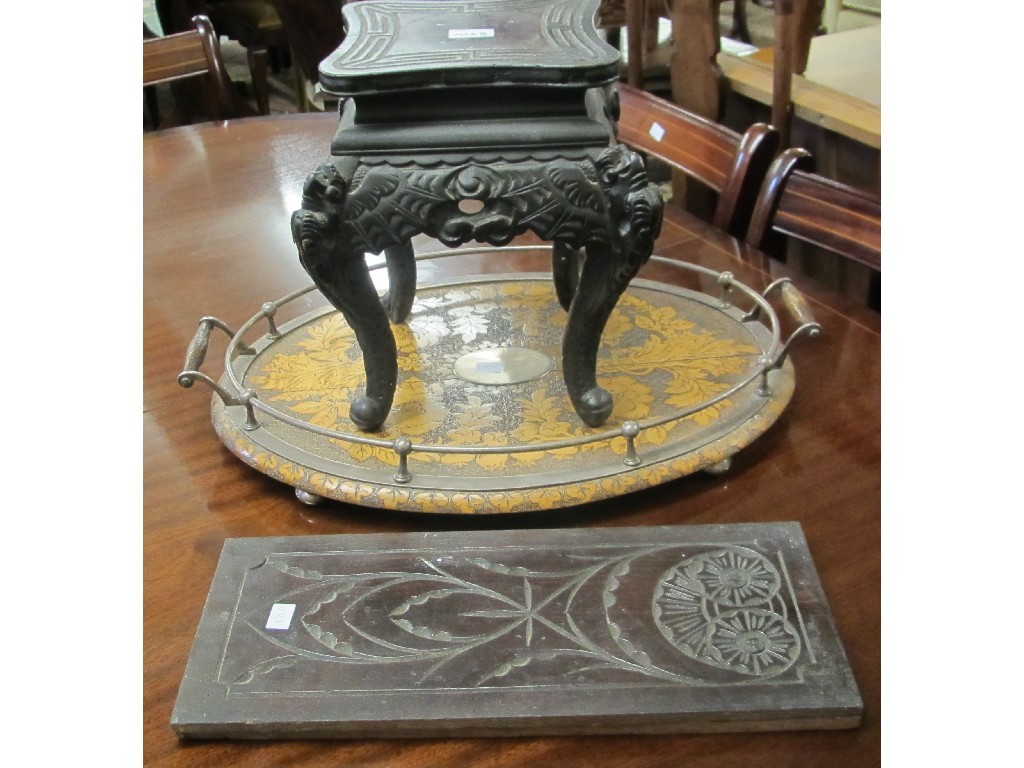 Appraisal: Pokerwork serving tray Chinese stand and a pair of panels